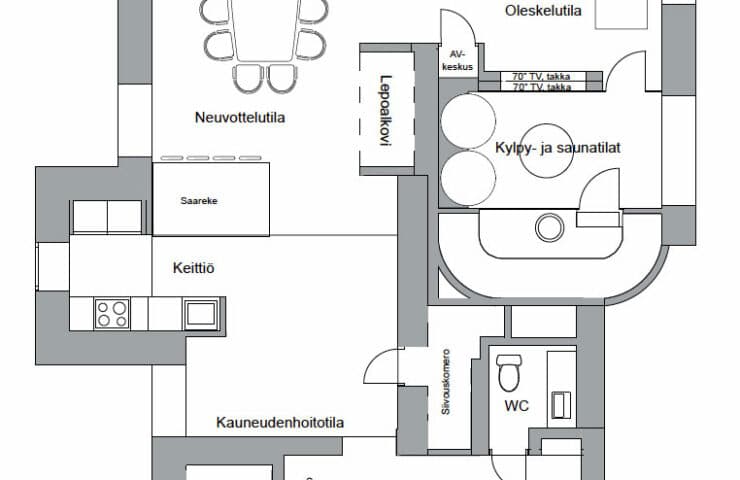 Happens - Roba Lounge kokoustila, saunatila, juhlatila pohjaratkaisu